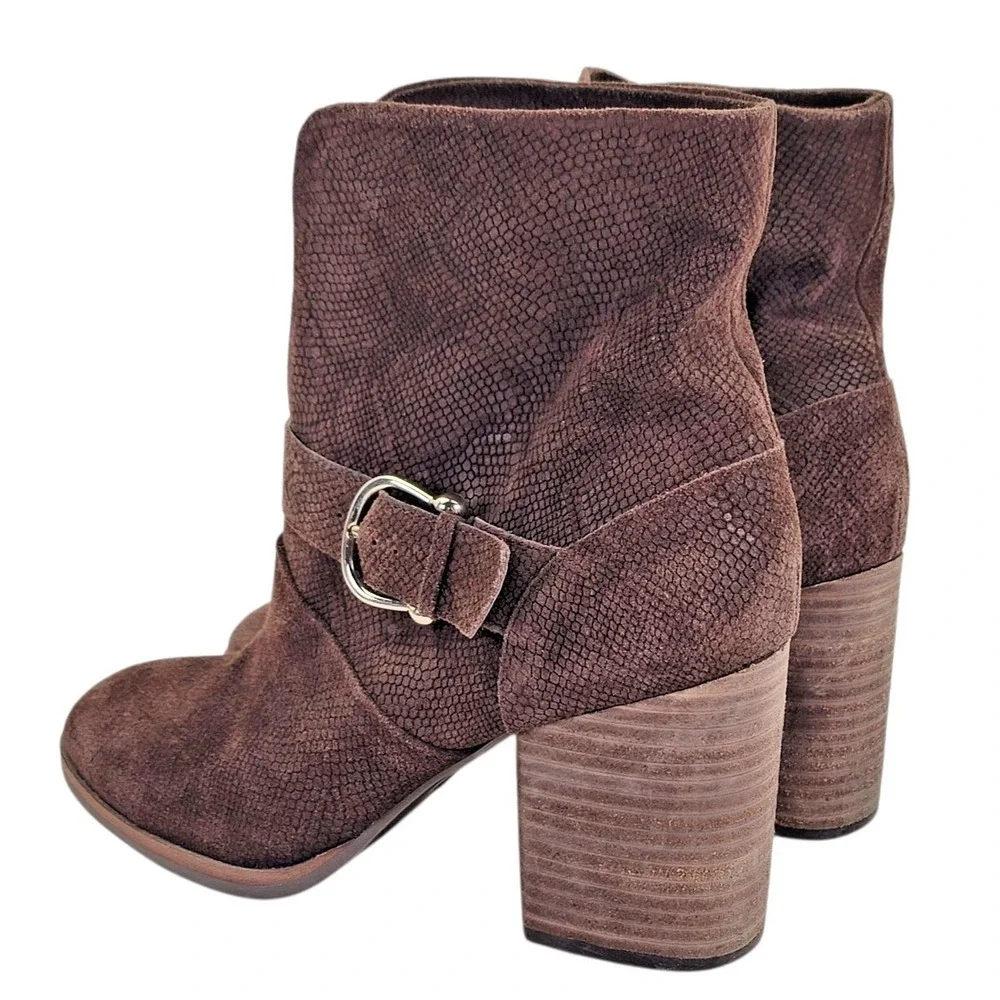 Isola‎ Lavoy Bootie Women's Brown Suede Block Heel Buckle Slip On Shoes Size 10M